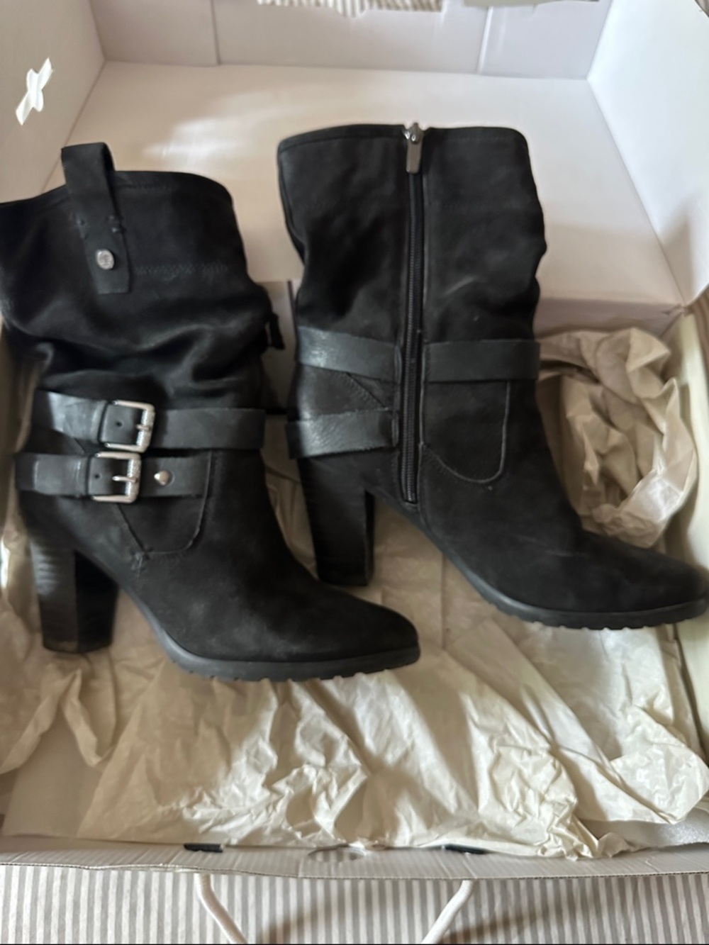 Women's Black Nubuck Heeled Buckle Ankle Boots
